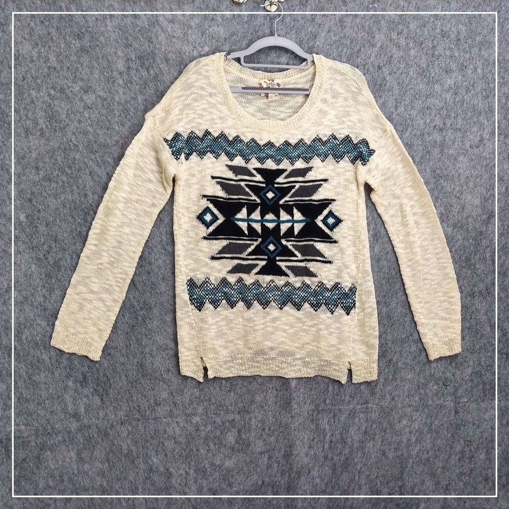 Hippie Rose Sweater Womens XL Cream Aztec Southwestern Lightweight Knit Pullover